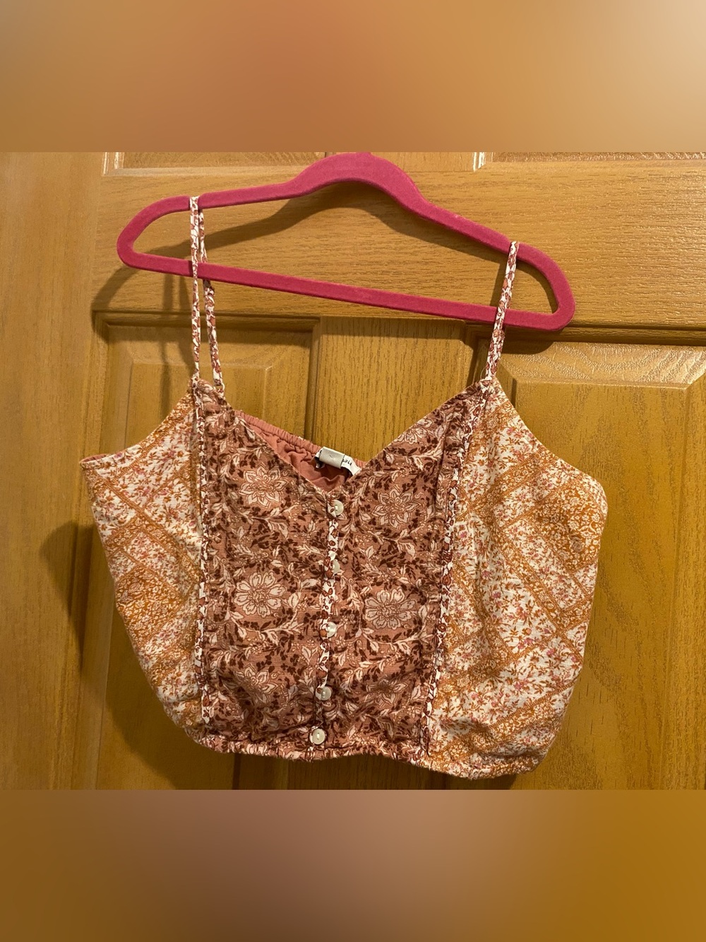 American Eagle Outfitters Rust and Cream Patterned Cropped Tank Top